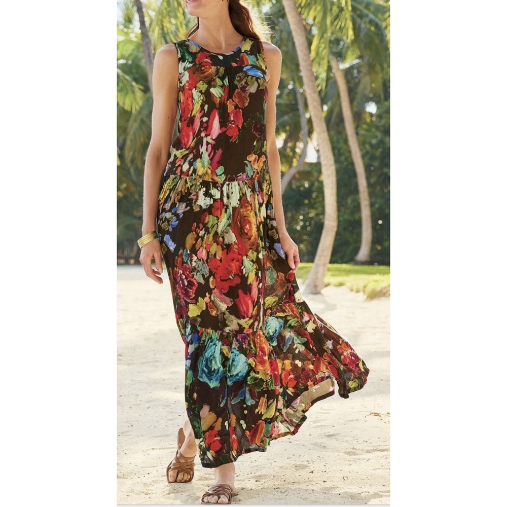 Soft Surroundings Rosalie Tiered Maxi Dress MED Brown Floral Sleeveless Resort - Picture 2 of 16
